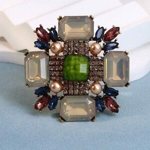 Antique Inspired Opalescent Multi-Color Gemstone Cross, Brooch, Lapel Pin